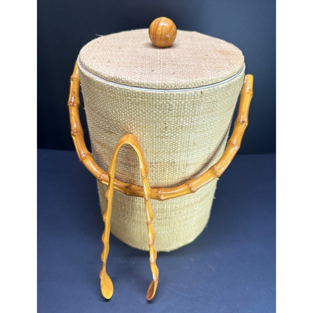 Vintage MCM Grass Cloth Ice Bucket with Bamboo Handle and Tongs 70's 10" Tall